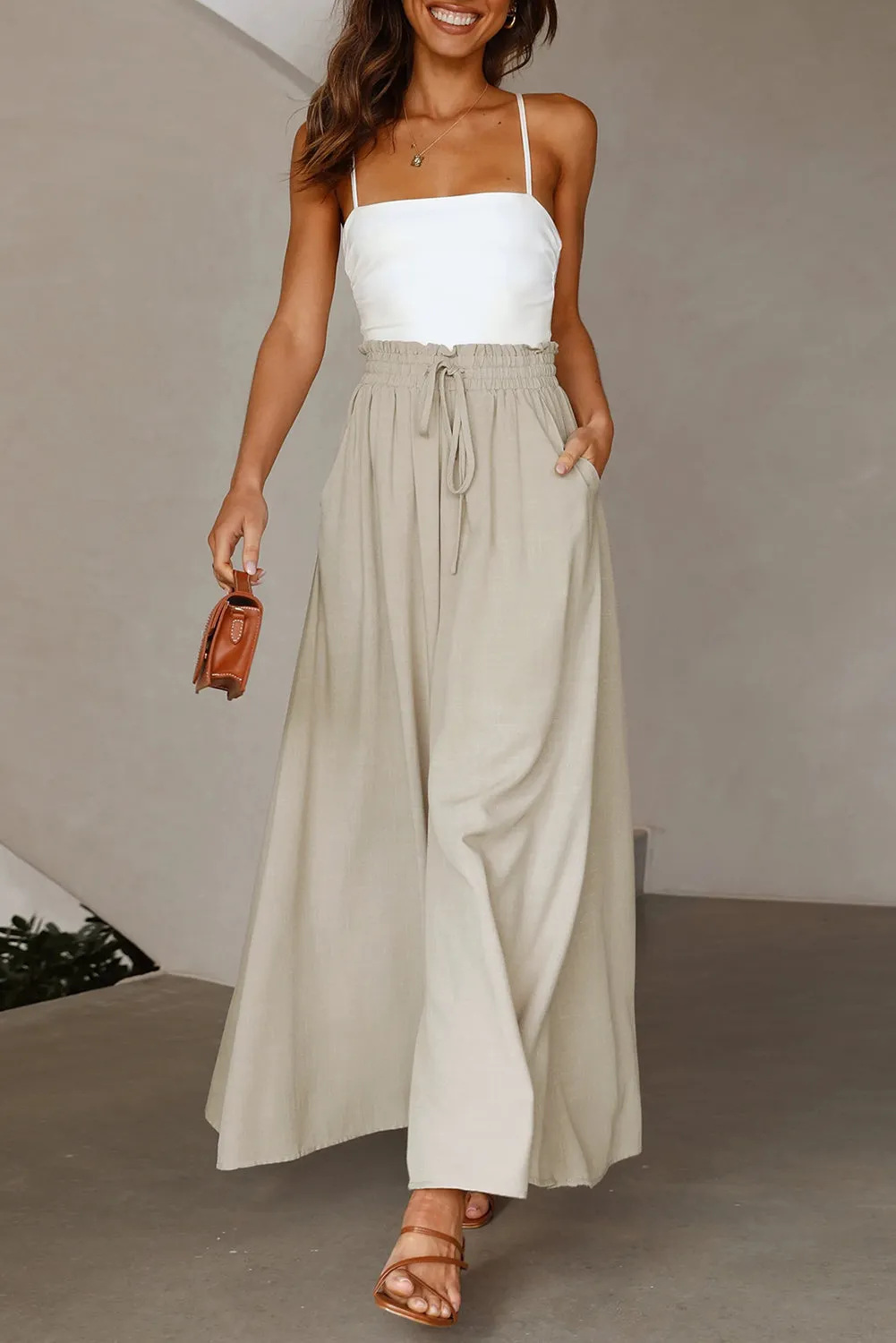 Drawstring Smocked High Waist Wide Leg Pants