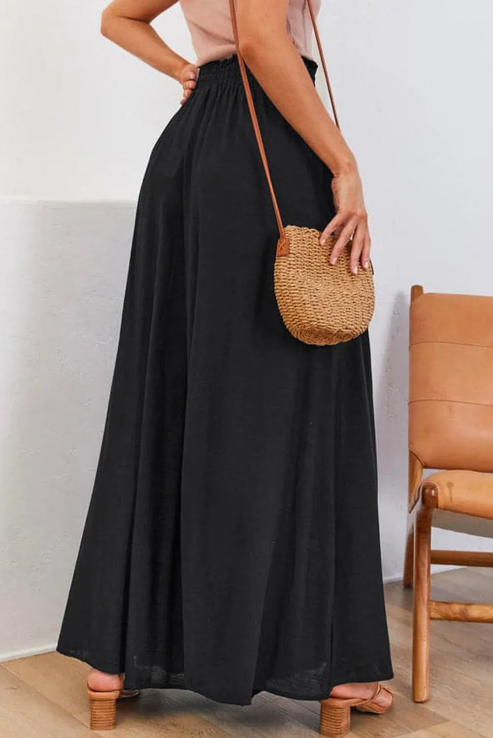 Drawstring Smocked High Waist Wide Leg Pants