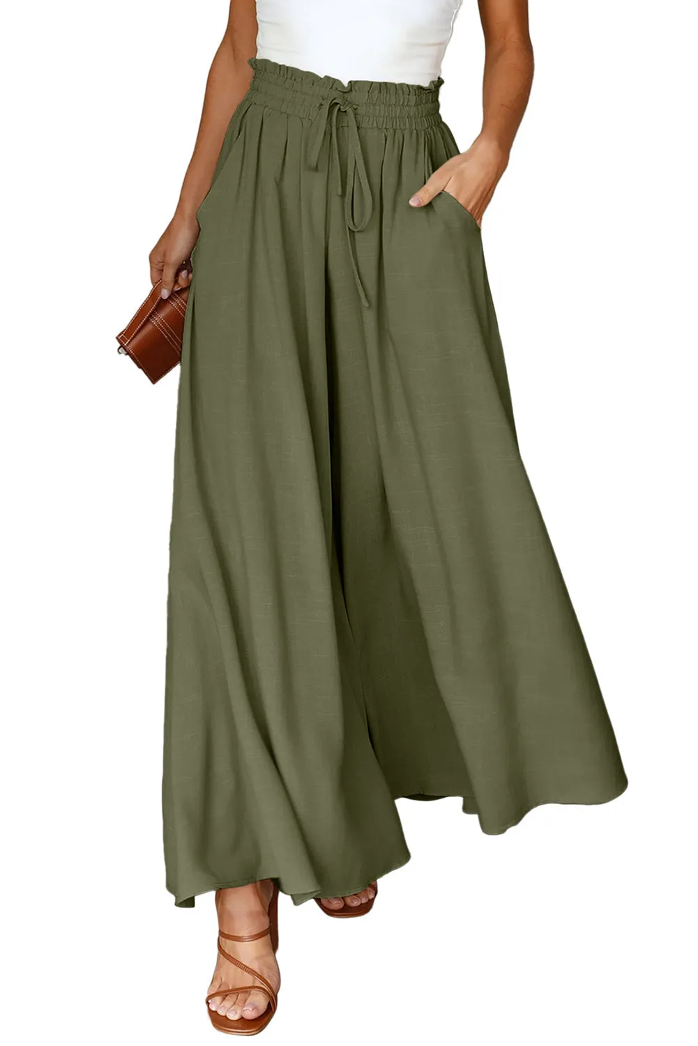 Drawstring Smocked High Waist Wide Leg Pants