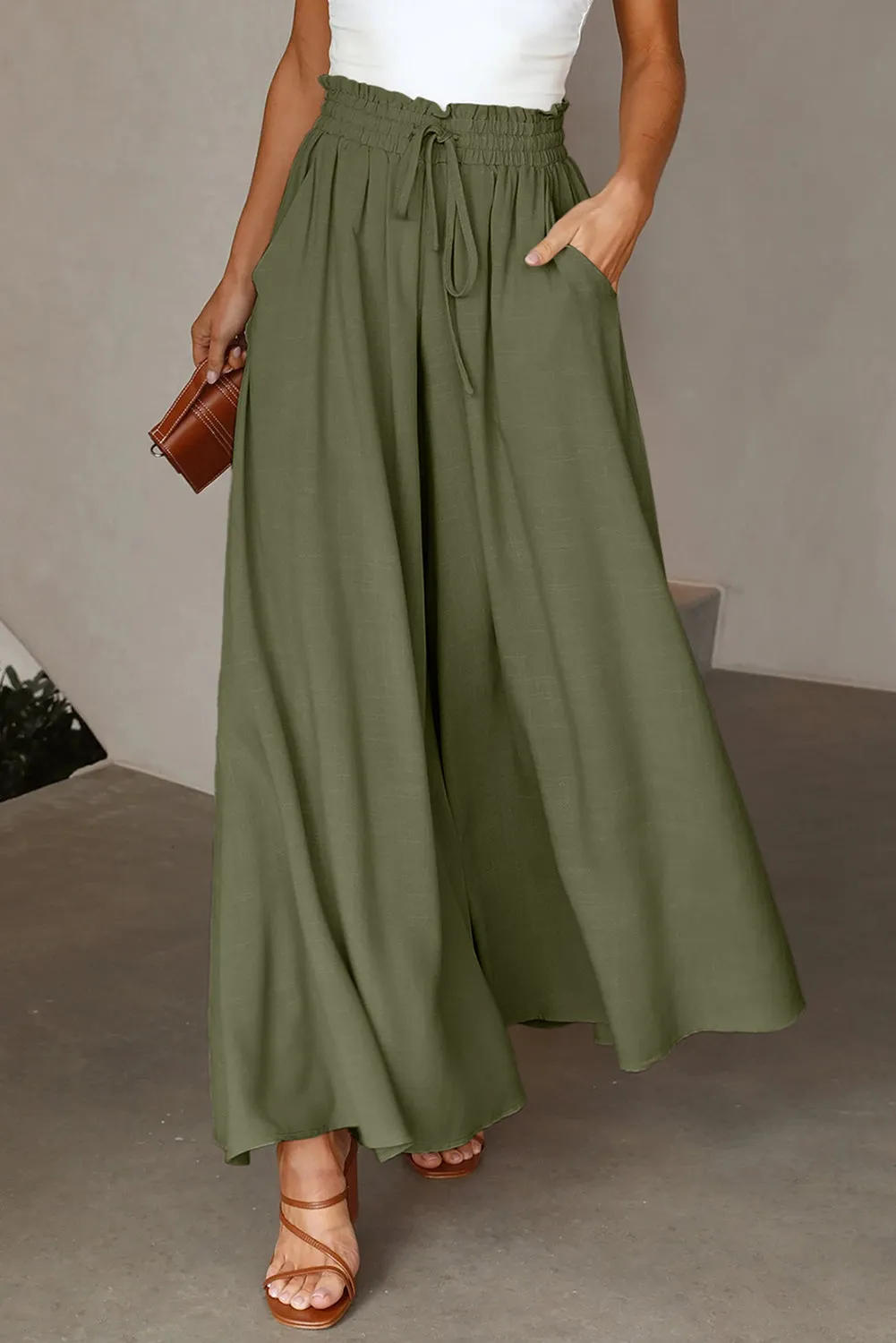 Drawstring Smocked High Waist Wide Leg Pants