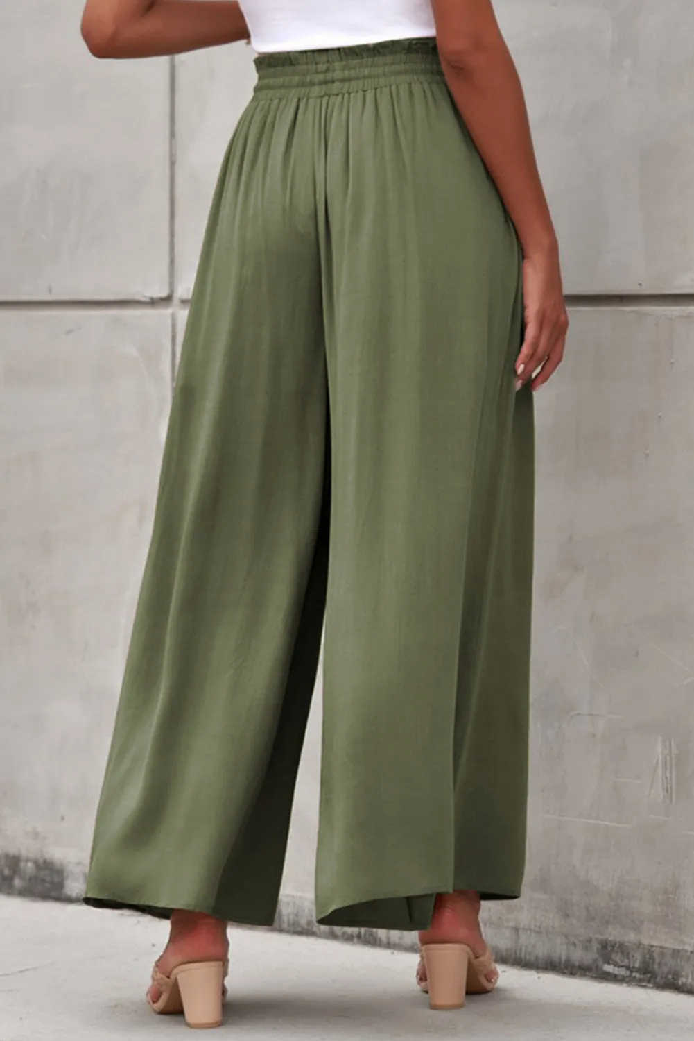 Drawstring Smocked High Waist Wide Leg Pants