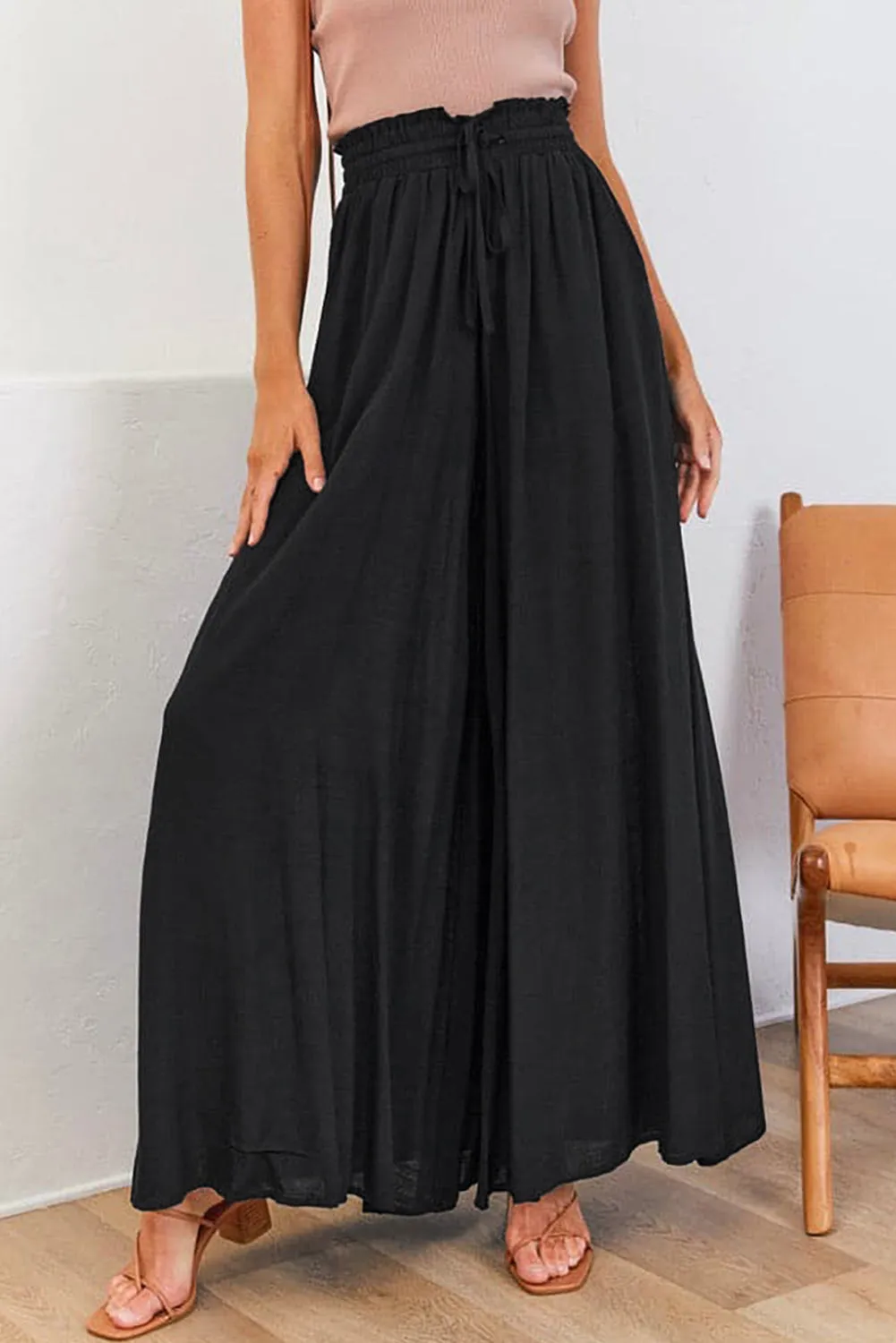 Drawstring Smocked High Waist Wide Leg Pants