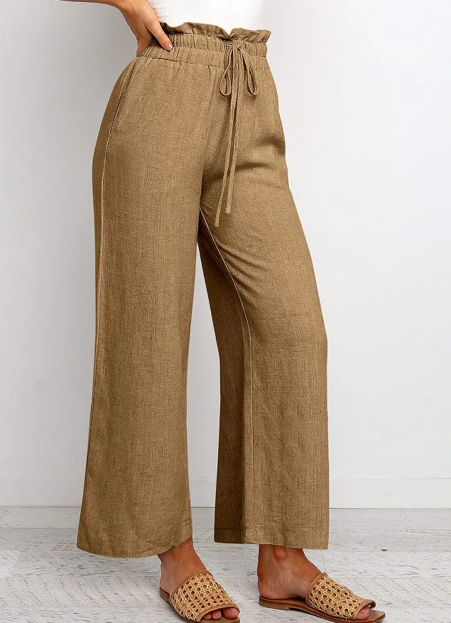 Elastic Waistband Lace-up Wide Leg Pants Solid Color Cropped Pants