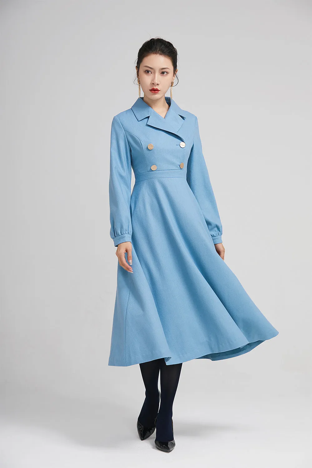 elegant blue wool winter dress with double breasted 2231