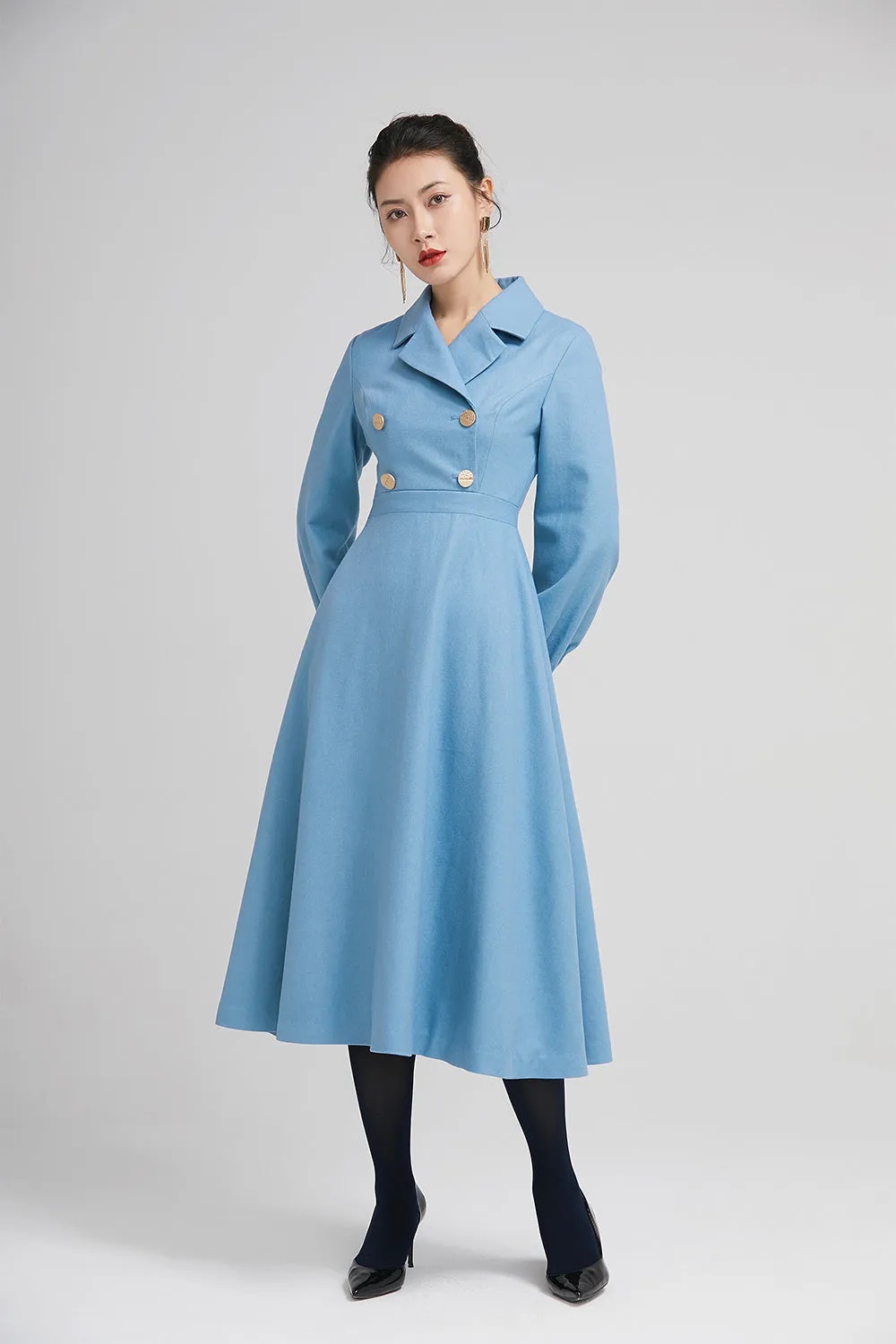 elegant blue wool winter dress with double breasted 2231