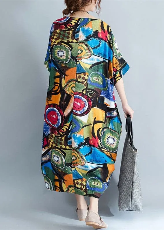 Elegant floral linen caftans oversize traveling half sleeve cotton maxi dresses-Limited Stock Free Shipping