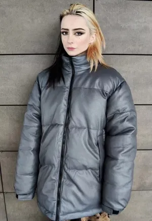 Faux leather quilted bomber rubber padded puffer jacket grey