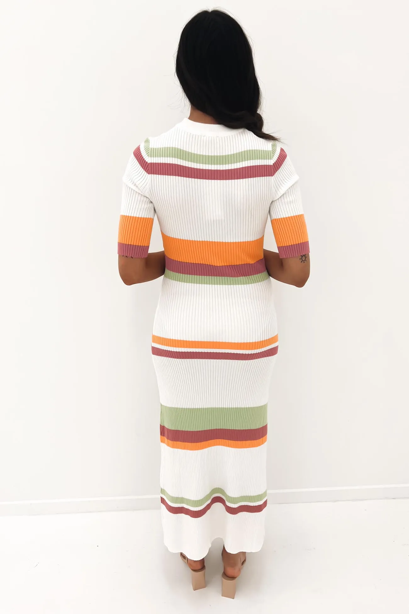 Freya Ribbed Stripe Midi Dress White Orange Sage Rose