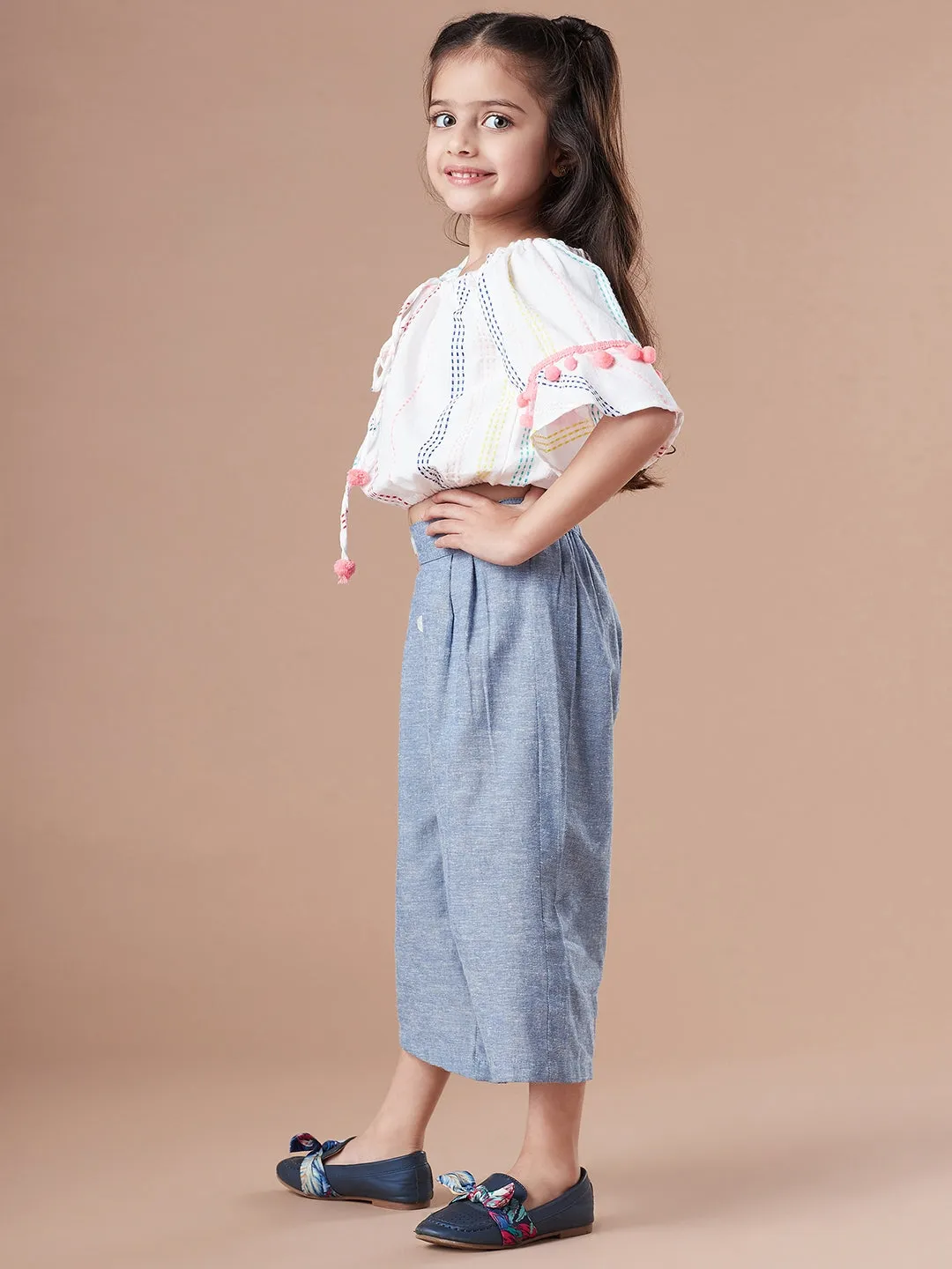 Girls Self Design Pure Cotton Crop Top With Trousers Clothing Set - Ps Peaches