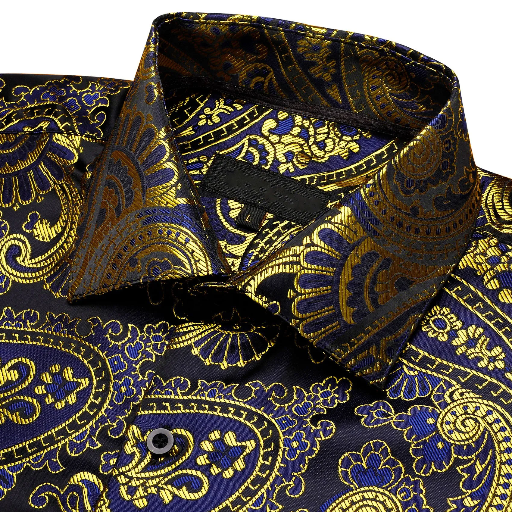 Gold Blue Paisley Floral Silk Men's Long Sleeve Shirt