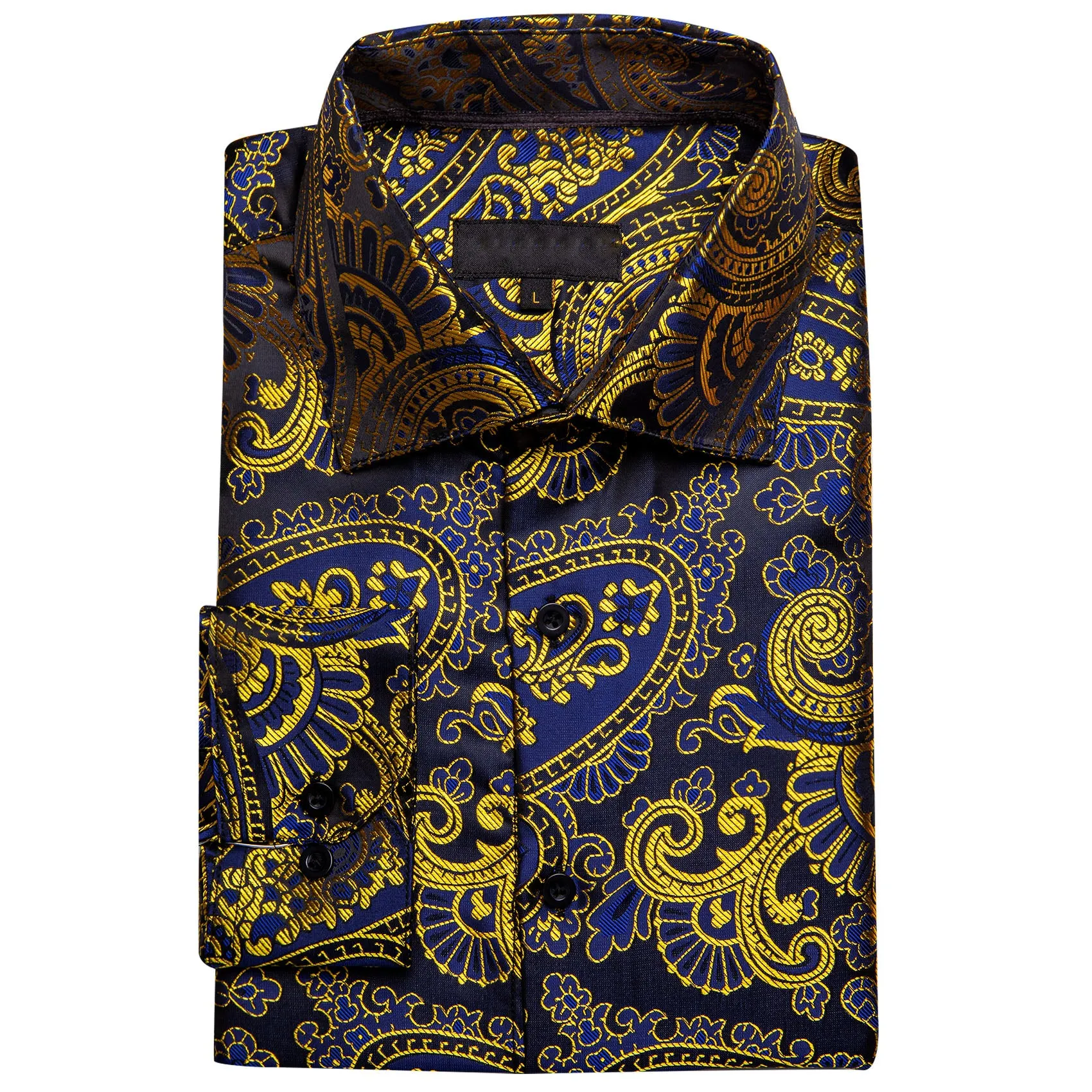 Gold Blue Paisley Floral Silk Men's Long Sleeve Shirt