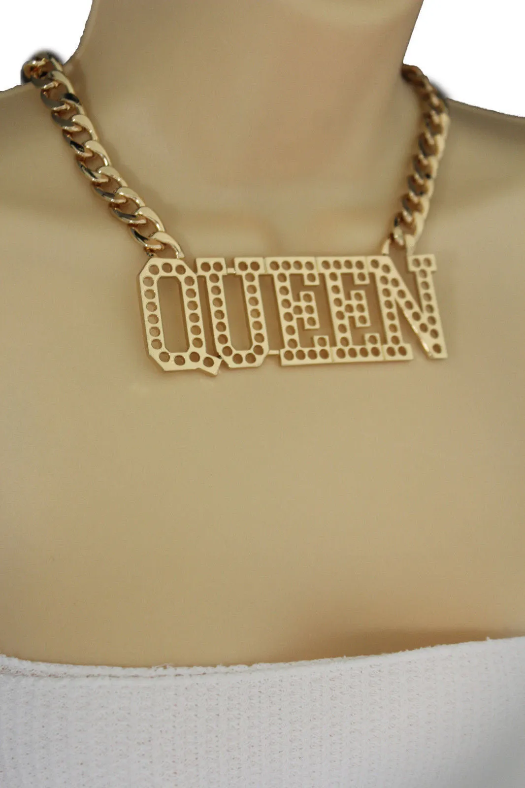 Gold Metal Chain Link Big QUEEN Holes Charm Short Necklace