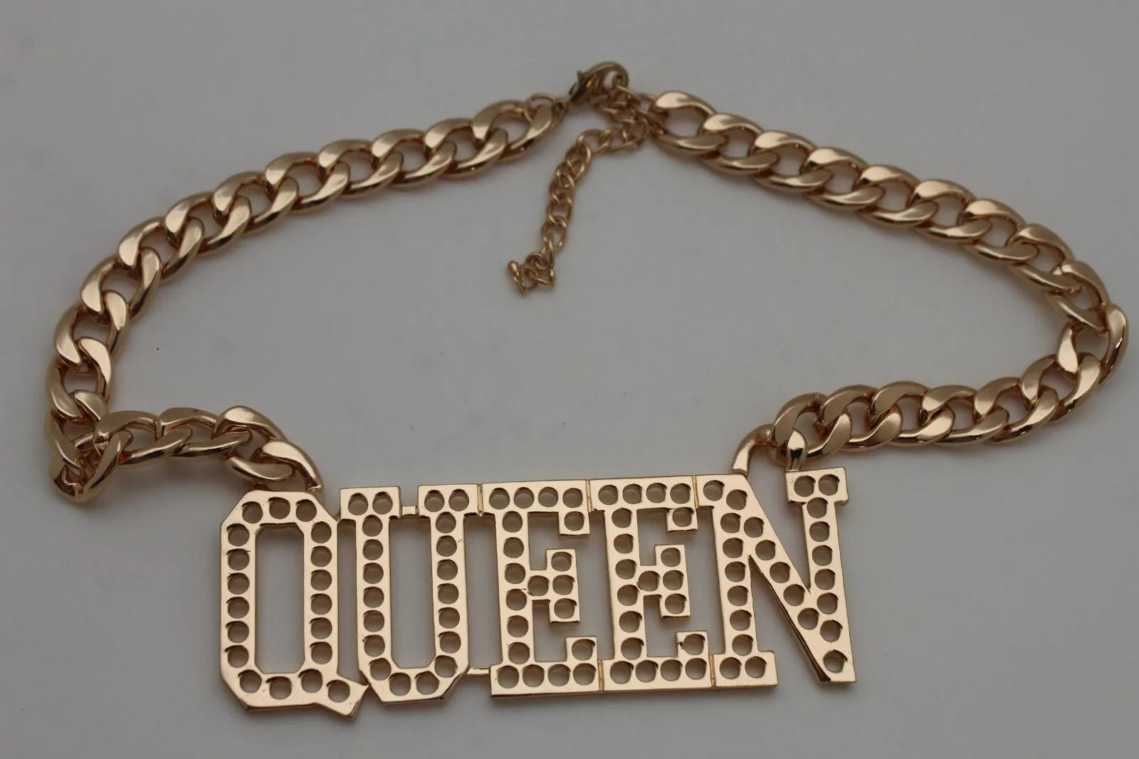 Gold Metal Chain Link Big QUEEN Holes Charm Short Necklace