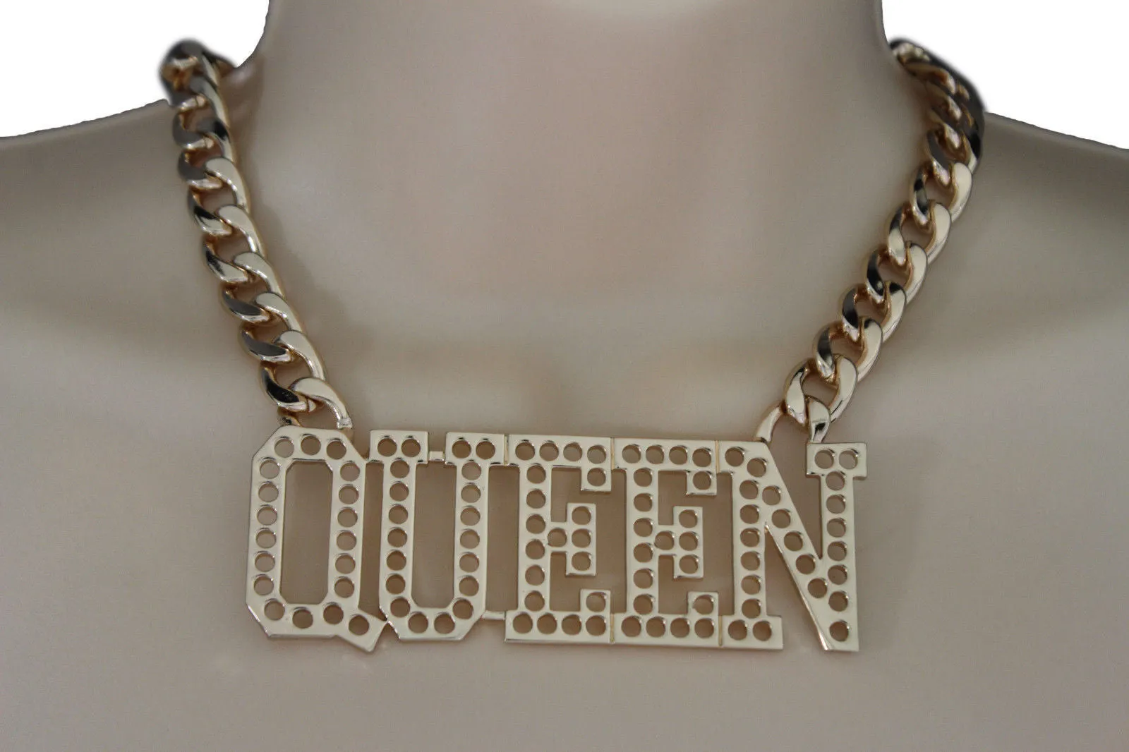 Gold Metal Chain Link Big QUEEN Holes Charm Short Necklace