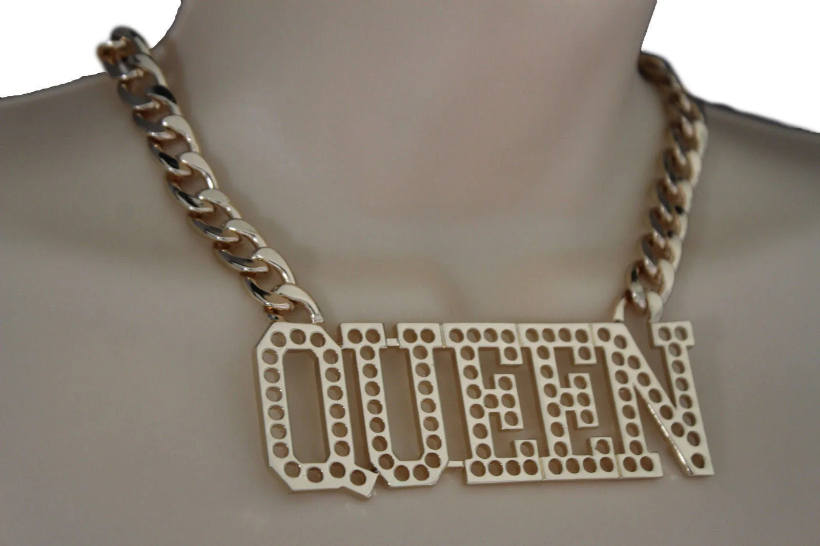 Gold Metal Chain Link Big QUEEN Holes Charm Short Necklace