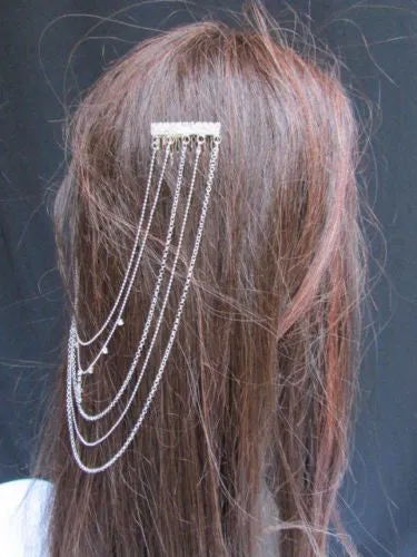 Gold Silver Metal Long Chain Front Back Multi Cross Drapes Rhinestones Hair Pin