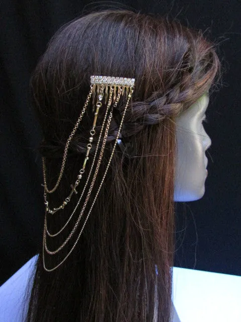 Gold Silver Metal Long Chain Front Back Multi Cross Drapes Rhinestones Hair Pin