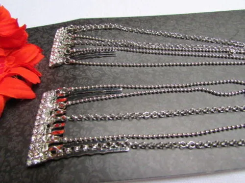 Gold Silver Metal Long Chain Front Back Multi Cross Drapes Rhinestones Hair Pin