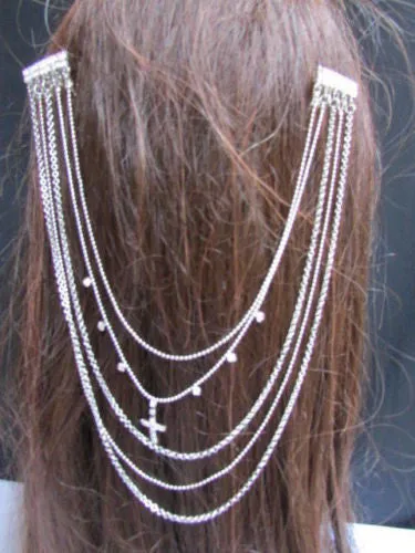 Gold Silver Metal Long Chain Front Back Multi Cross Drapes Rhinestones Hair Pin