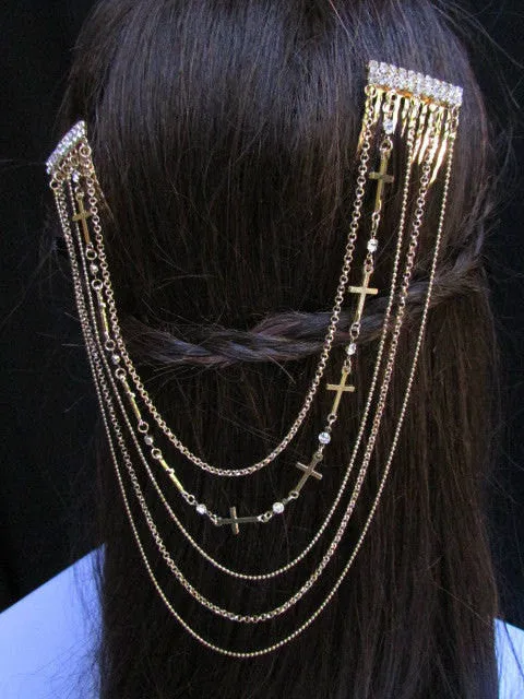 Gold Silver Metal Long Chain Front Back Multi Cross Drapes Rhinestones Hair Pin