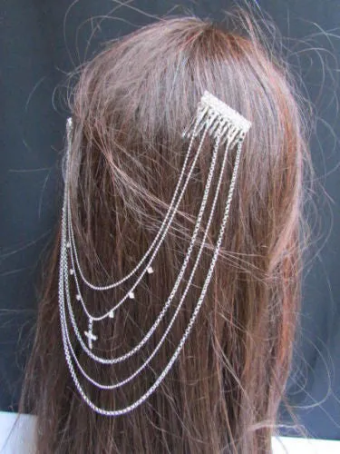 Gold Silver Metal Long Chain Front Back Multi Cross Drapes Rhinestones Hair Pin