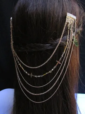 Gold Silver Metal Long Chain Front Back Multi Cross Drapes Rhinestones Hair Pin