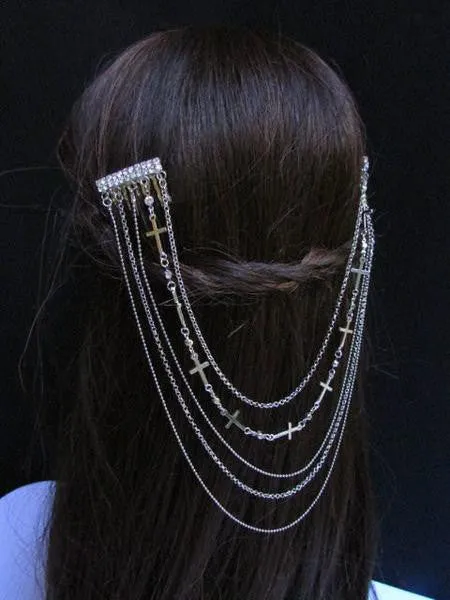 Gold Silver Metal Long Chain Front Back Multi Cross Drapes Rhinestones Hair Pin