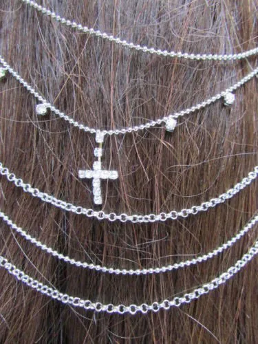 Gold Silver Metal Long Chain Front Back Multi Cross Drapes Rhinestones Hair Pin