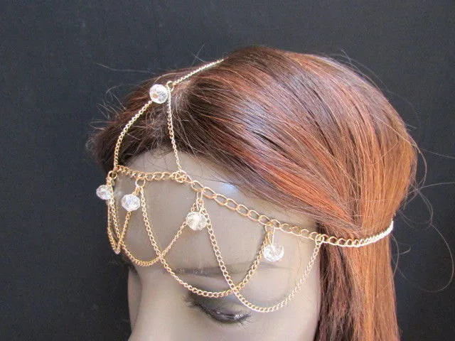 Gold Silver Metal Waves Head Thin Light Chain Multi Clear Beads Hair Piece