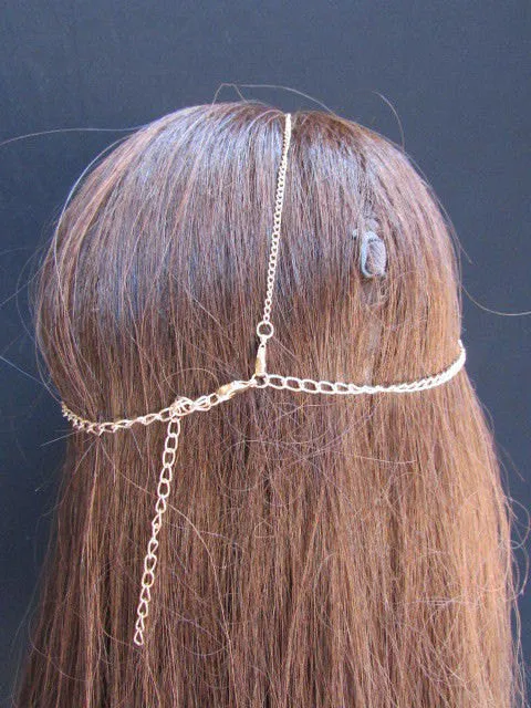 Gold Silver Metal Waves Head Thin Light Chain Multi Clear Beads Hair Piece