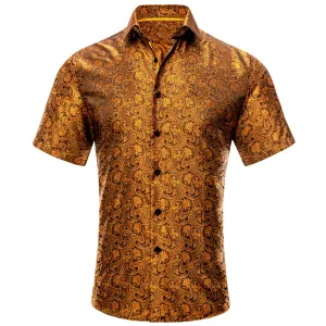 Golden Black Paisley Silk Men's Short Sleeve Shirt