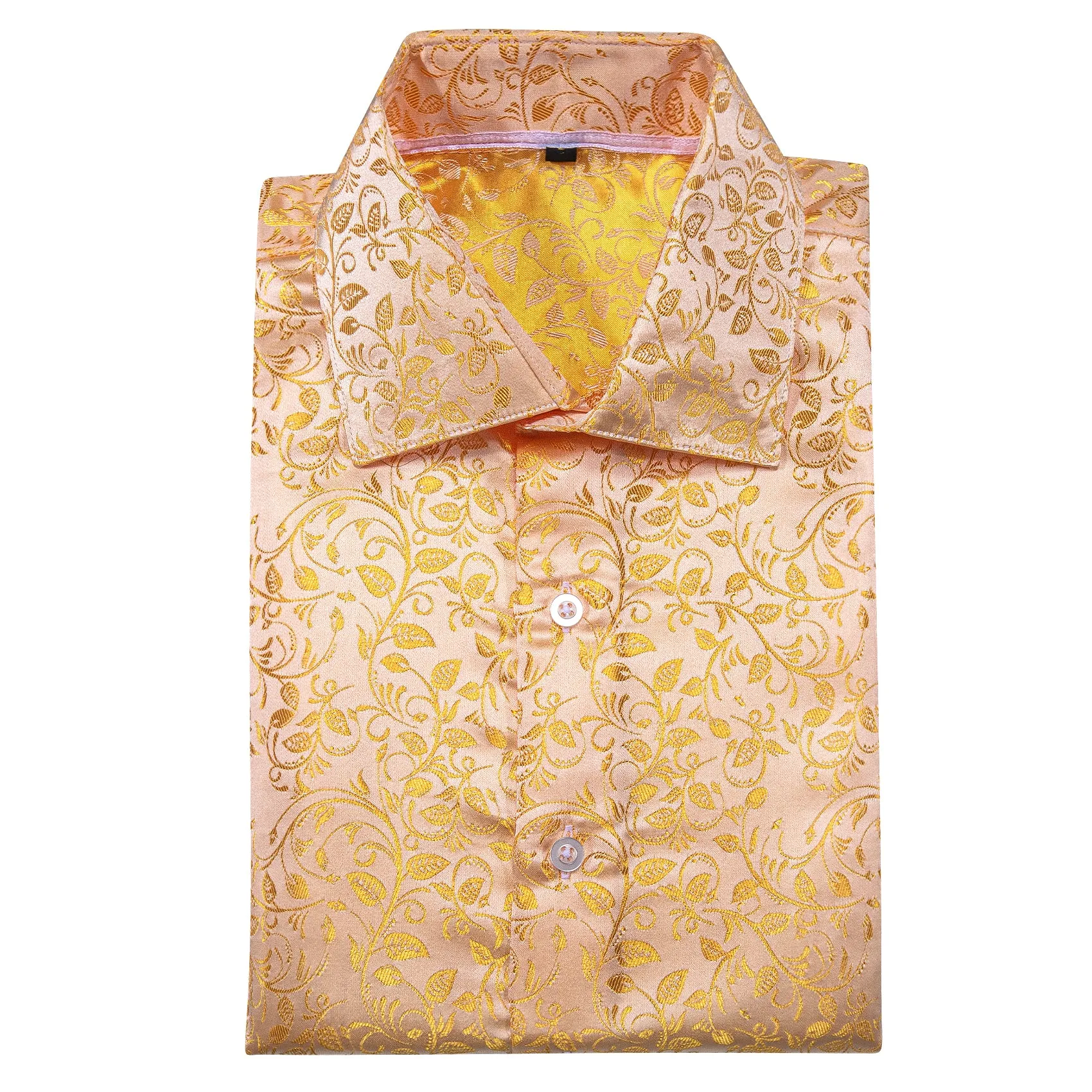 Golden Floral Pattern Silk Men's Long Sleeve Shirt