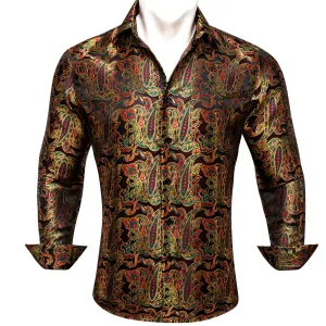 Golden Red Paisley Flower Pattern Silk Men's Long Sleeve Shirt