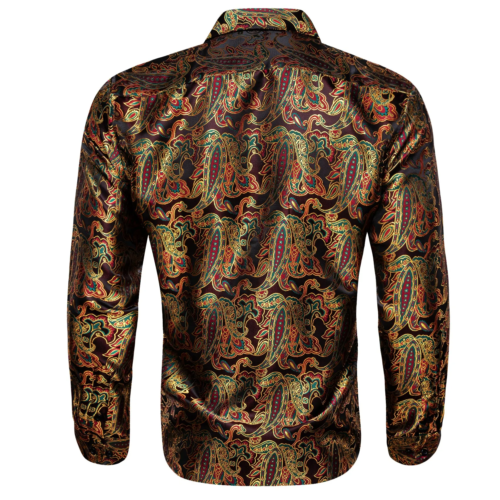 Golden Red Paisley Flower Pattern Silk Men's Long Sleeve Shirt