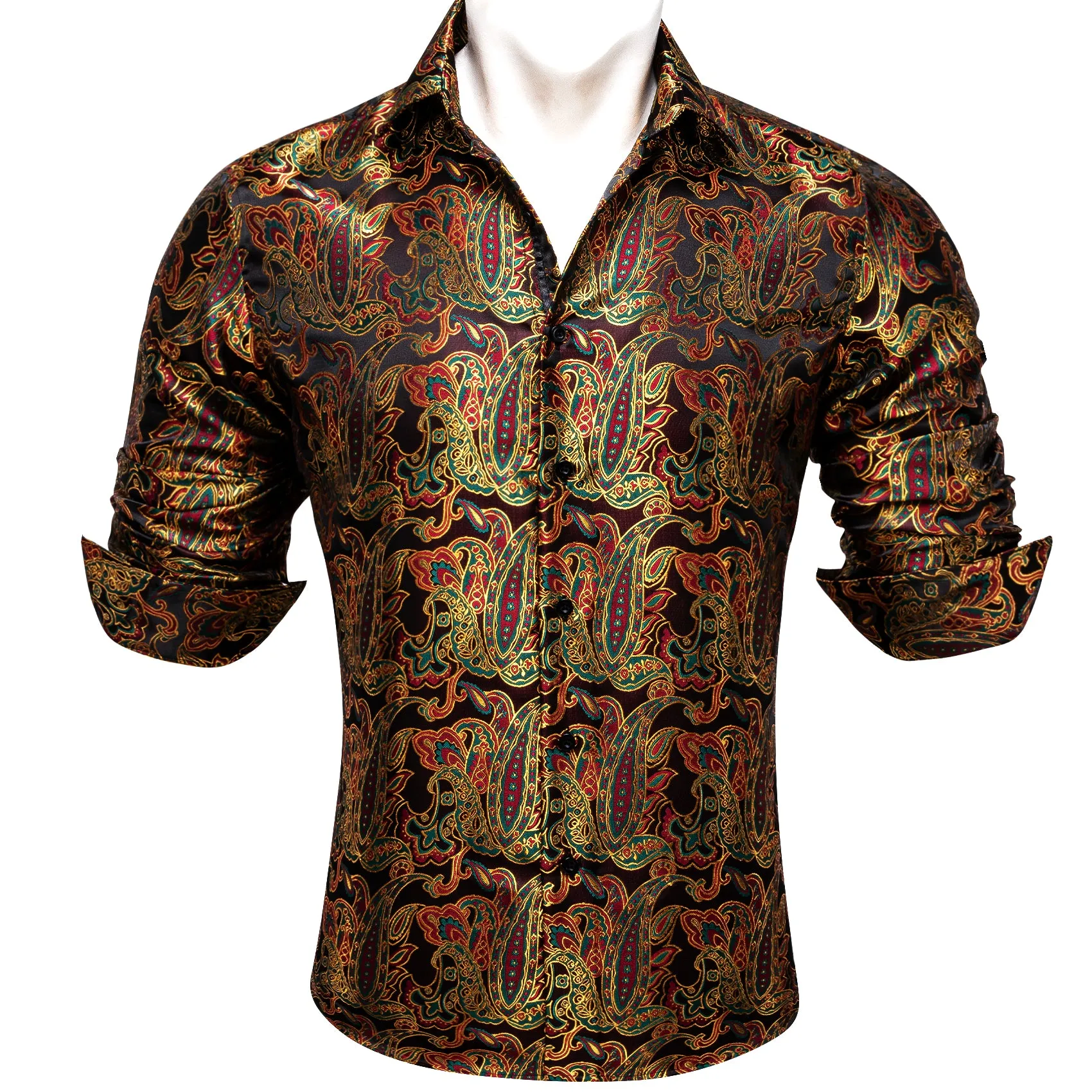 Golden Red Paisley Flower Pattern Silk Men's Long Sleeve Shirt