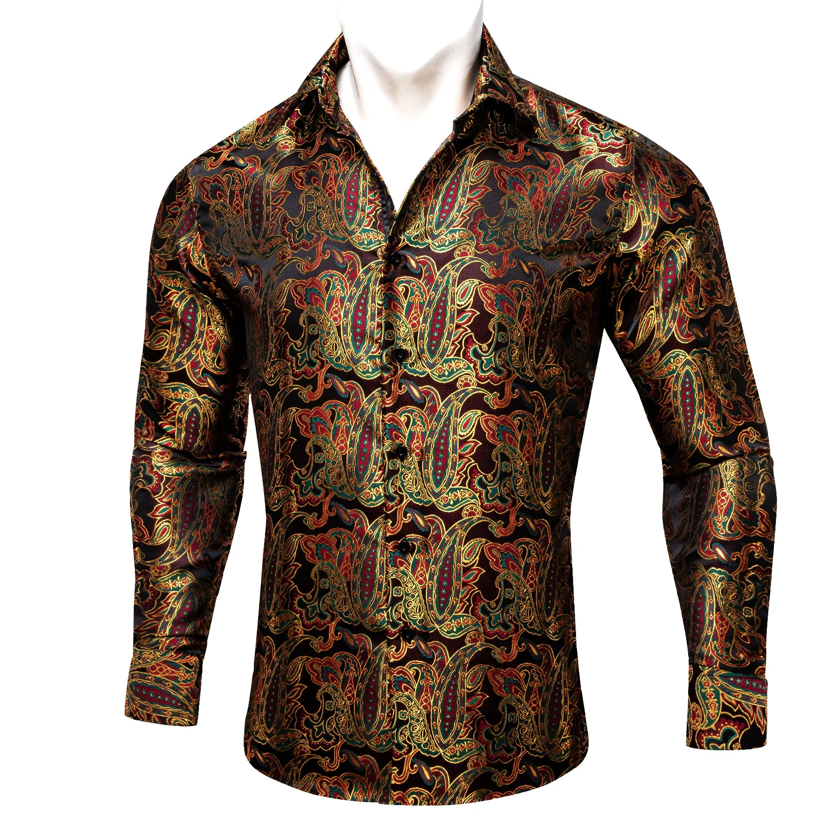 Golden Red Paisley Flower Pattern Silk Men's Long Sleeve Shirt