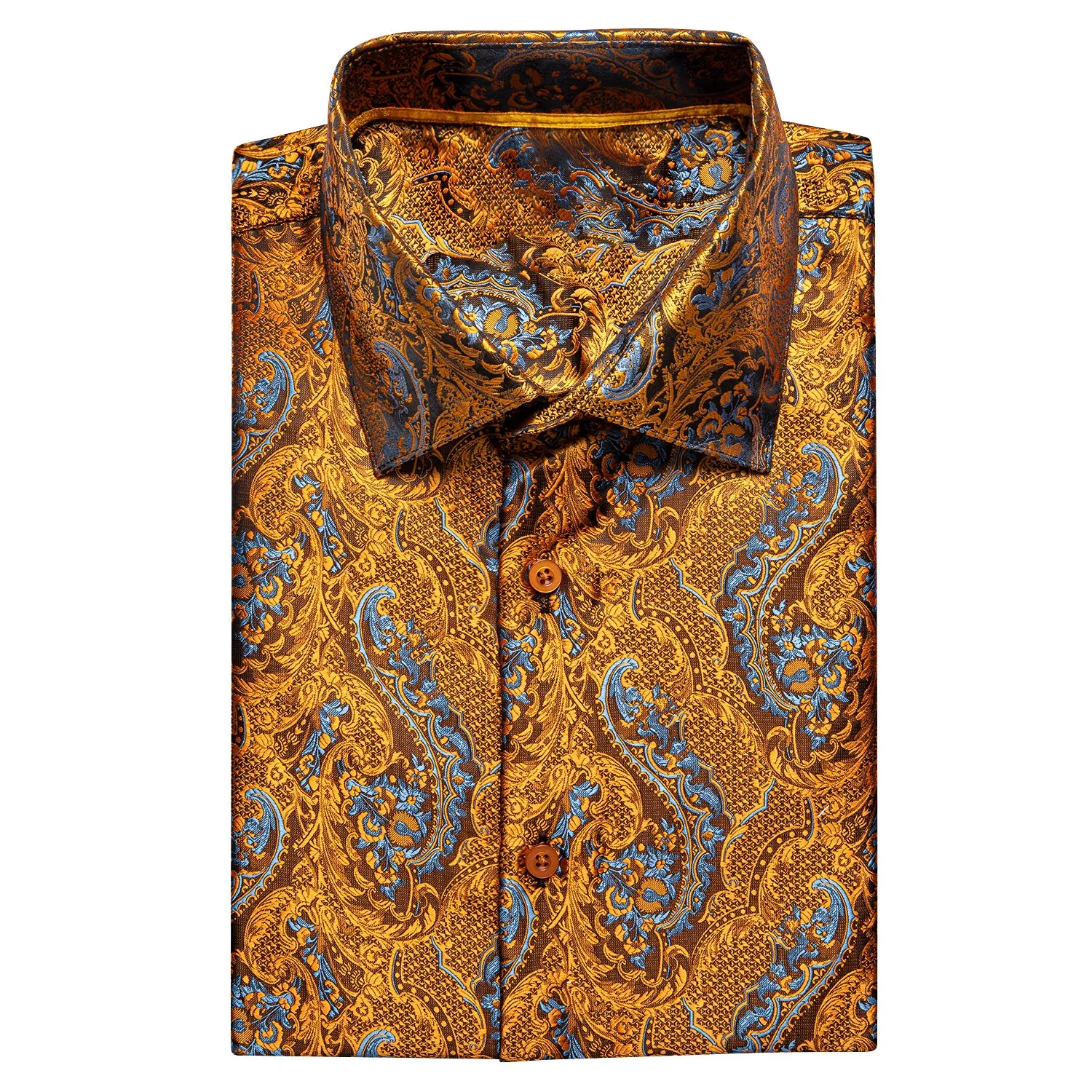 Golden with Blue Paisley Silk Men's Short Sleeve Shirt