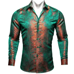 Green Orange Gradient Luxury Paisley Pattern Silk Men's Long Sleeve Shirt