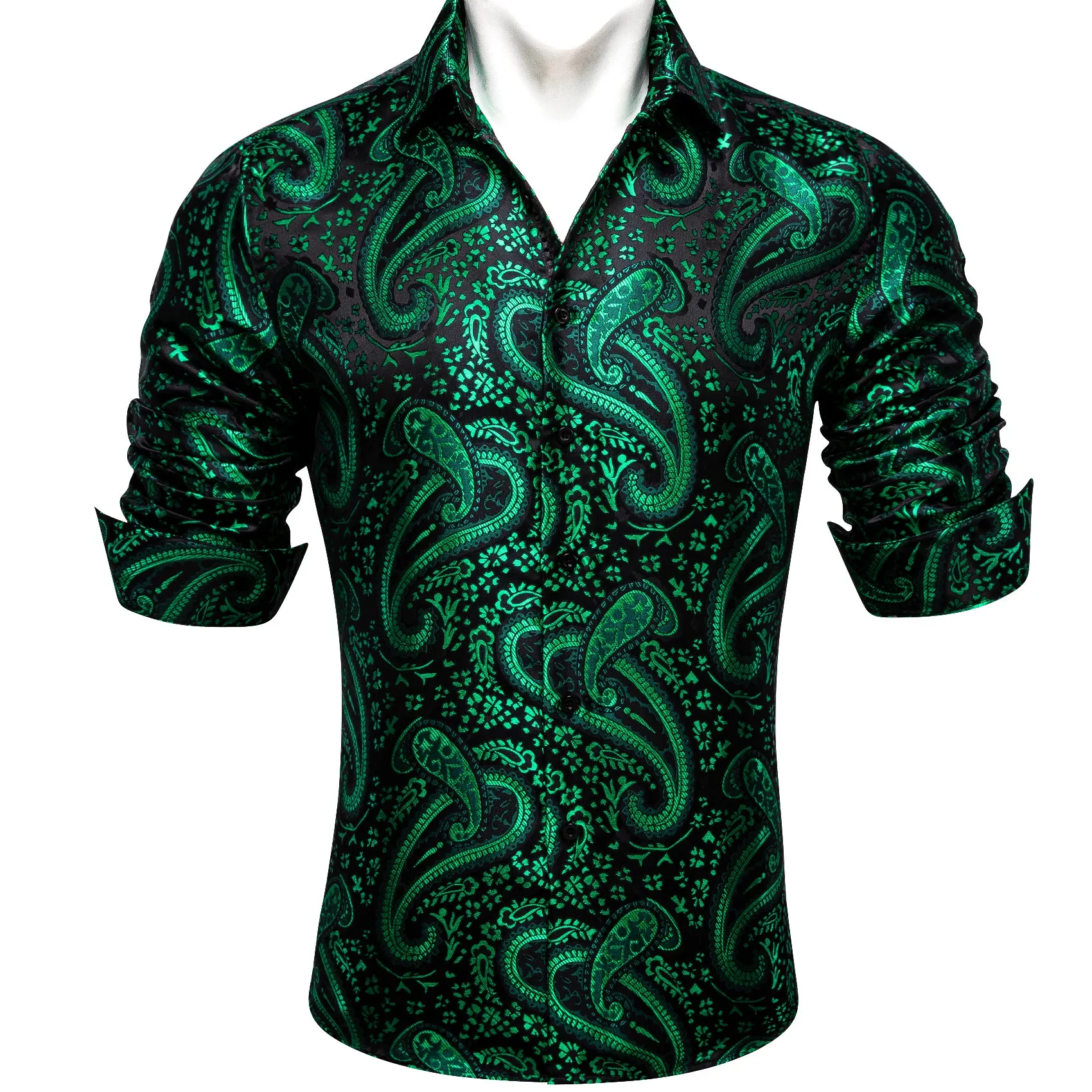 Green Paisley Flower Pattern Silk Men's Long Sleeve Shirt