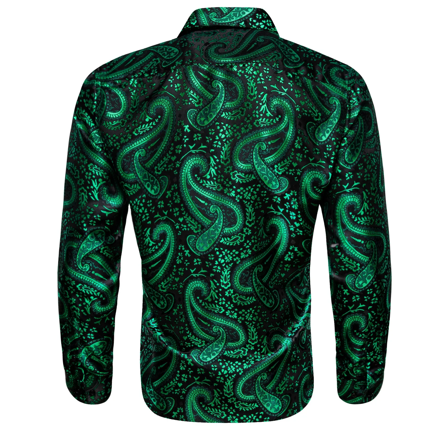 Green Paisley Flower Pattern Silk Men's Long Sleeve Shirt