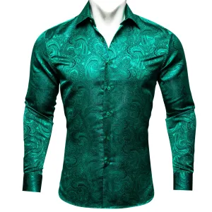 Green Paisley Pattern Silk Men's Long Sleeve Shirt