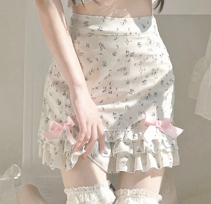 Harajuku Kawaii Fashion Dollcore Coquette Aesthetic Floral Chiffon Bow Skirt