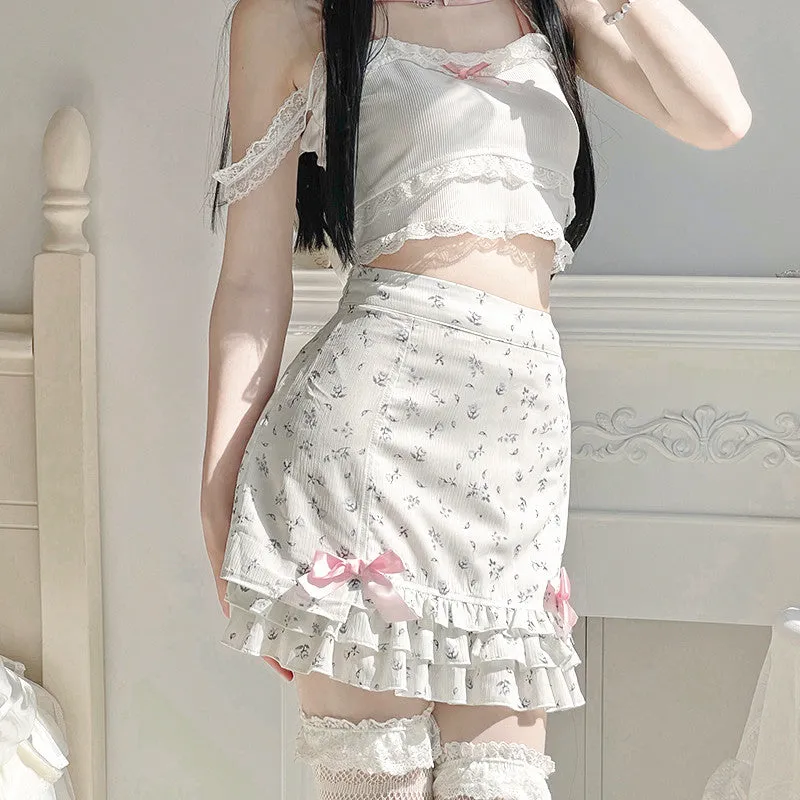 Harajuku Kawaii Fashion Dollcore Coquette Aesthetic Floral Chiffon Bow Skirt