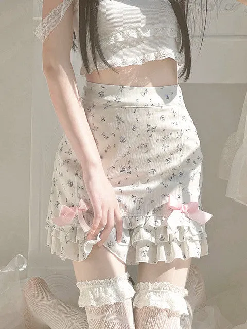 Harajuku Kawaii Fashion Dollcore Coquette Aesthetic Floral Chiffon Bow Skirt