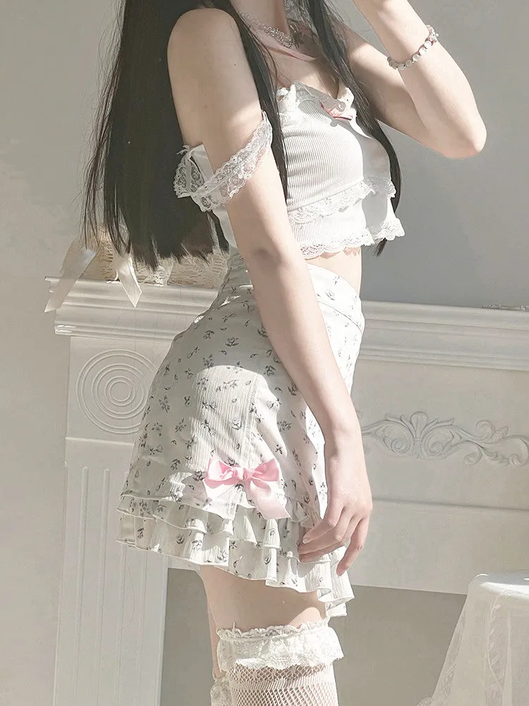 Harajuku Kawaii Fashion Dollcore Coquette Aesthetic Floral Chiffon Bow Skirt