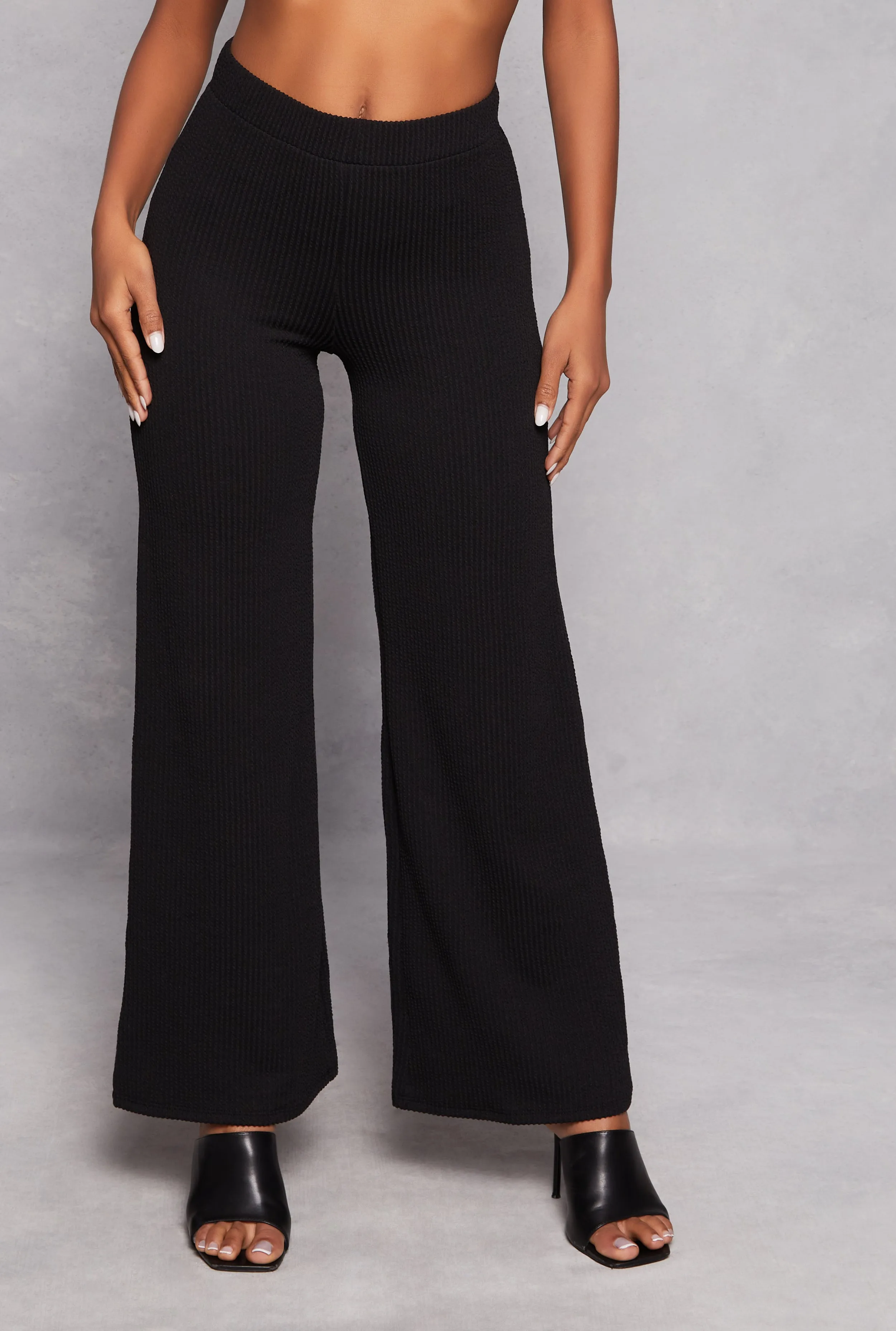 High Waist Ribbed Knit Wide Leg Pants