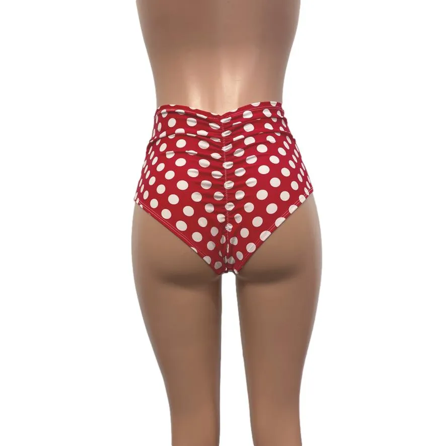 High Waist Scrunch Bikini Hot Pants - Red & White Polka Dot