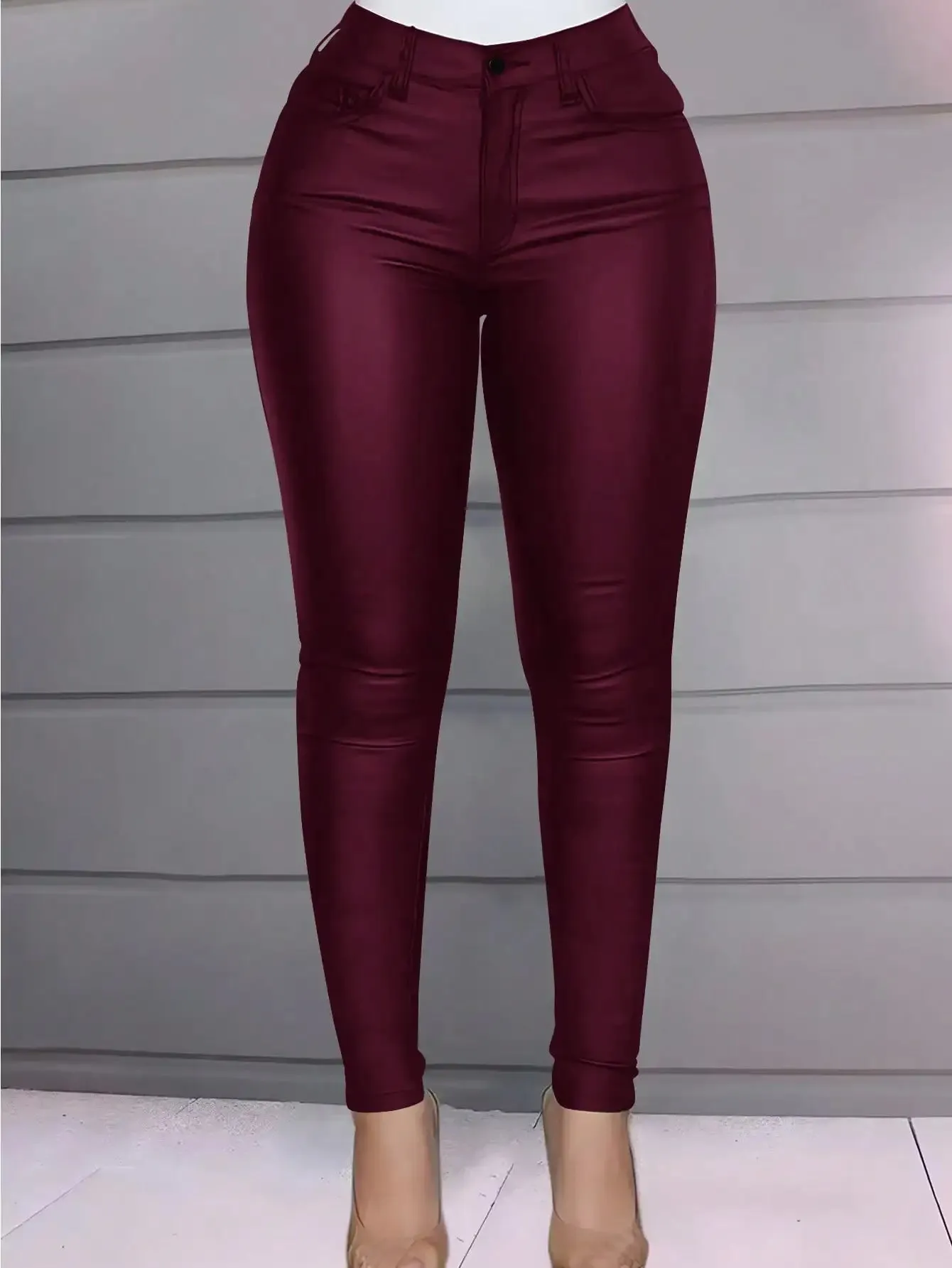 High-Waisted PU Leather Skinny Trousers with Thermal Lining