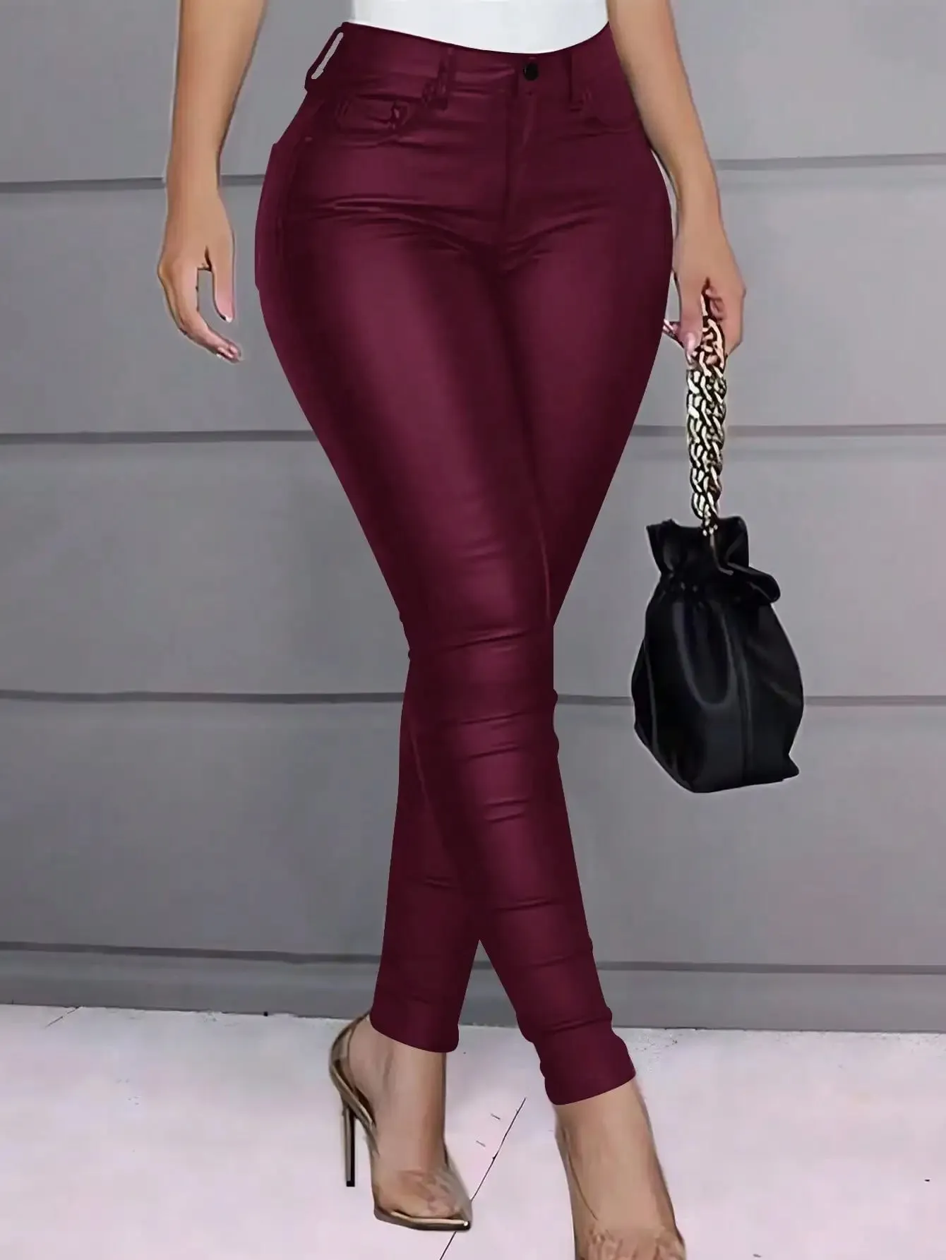 High-Waisted PU Leather Skinny Trousers with Thermal Lining