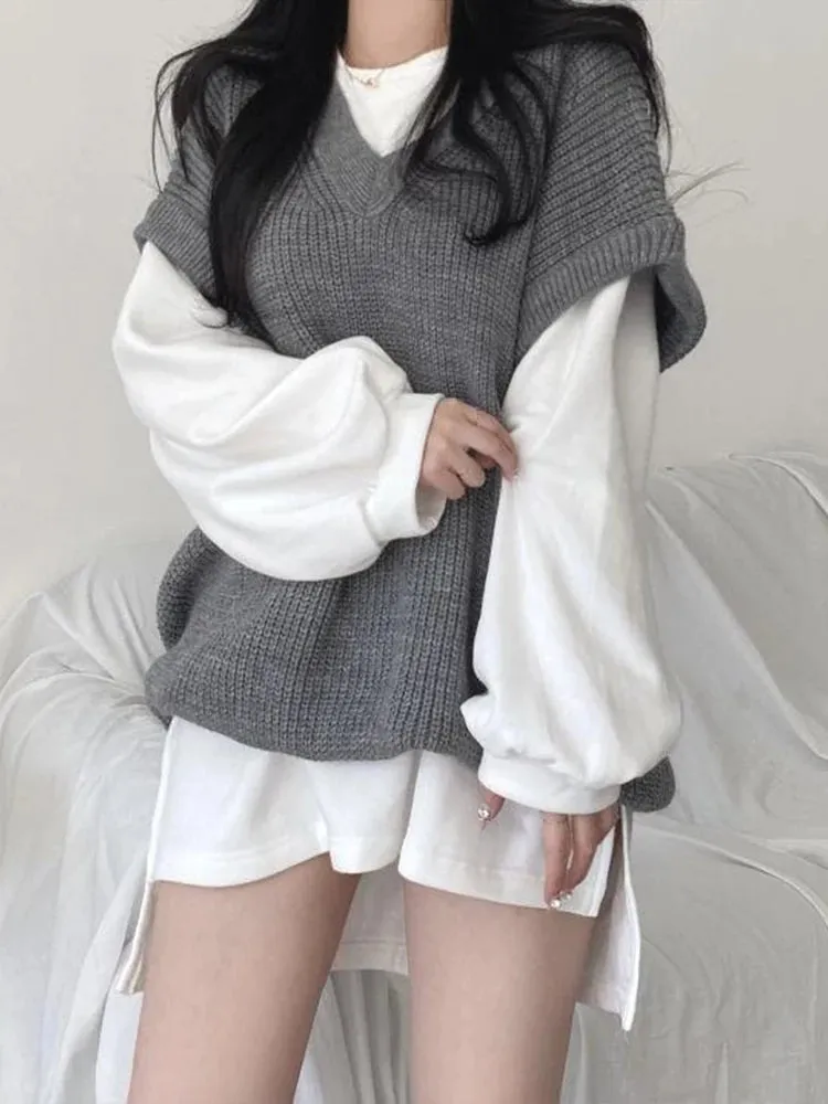 Hnewly Autumn Winter Vest Women Korean Style Knitted Sweaters Female Oversized Preppy Jumper Ladies Casual Loose Long Sleeve Pullovers